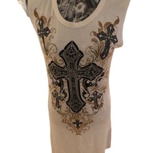 𝅺Vocal  size large Ivory / tan sleeveless hi/lo Tee shirt embellished dress